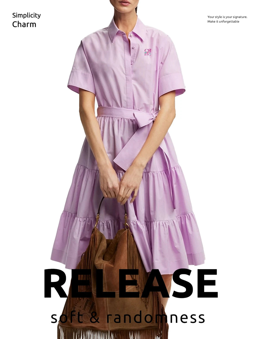 CHCH Women's Dress New Pink Collar Embroidered Casual Women's Wear Simple Business Party