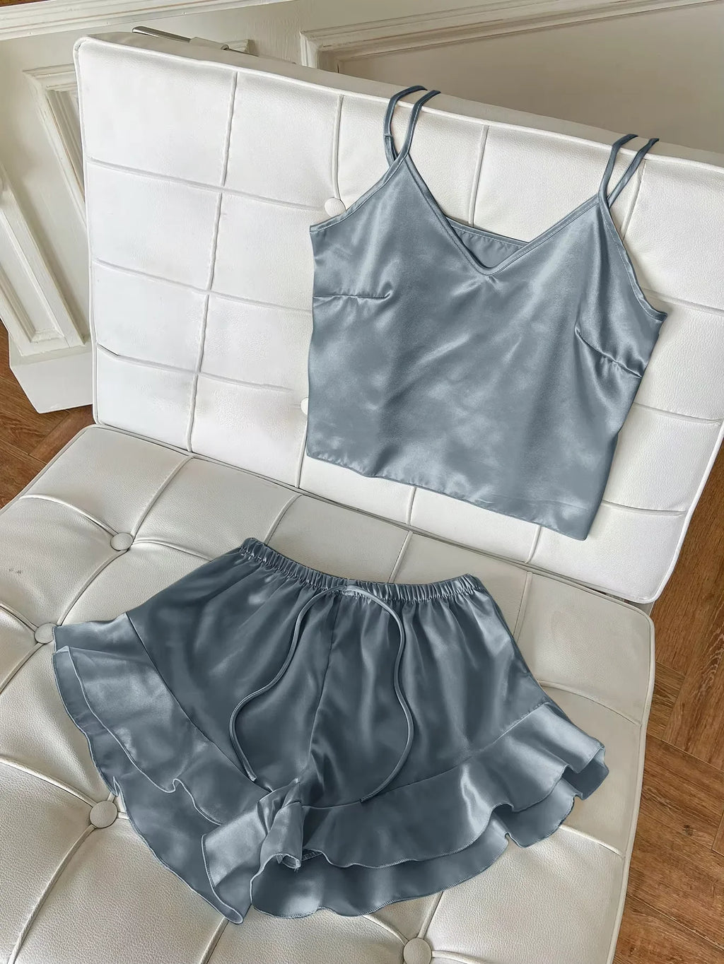 Solid Satin Pajama Set V Neck Cami Top Ruffle Shorts Women's Sleepwear Loungewear