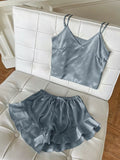 Solid Satin Pajama Set V Neck Cami Top Ruffle Shorts Women's Sleepwear Loungewear