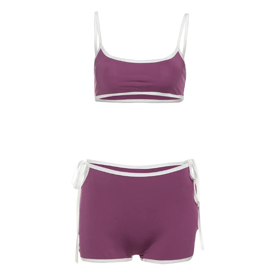 Weird Puss Casual Women 2 Piece Set Tracksuit White Edging Camisole+Side Bandage Shorts Matching Stretch Sporty Streetwear Suits