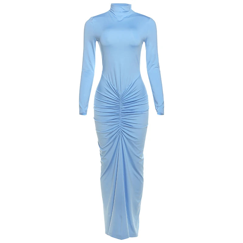 Sisterlinda Autumn New Style Long Dress Woman Turtleneck Full Sleeve Skinny High Stretch Daily Casual Fashion Elegant Vestidos
