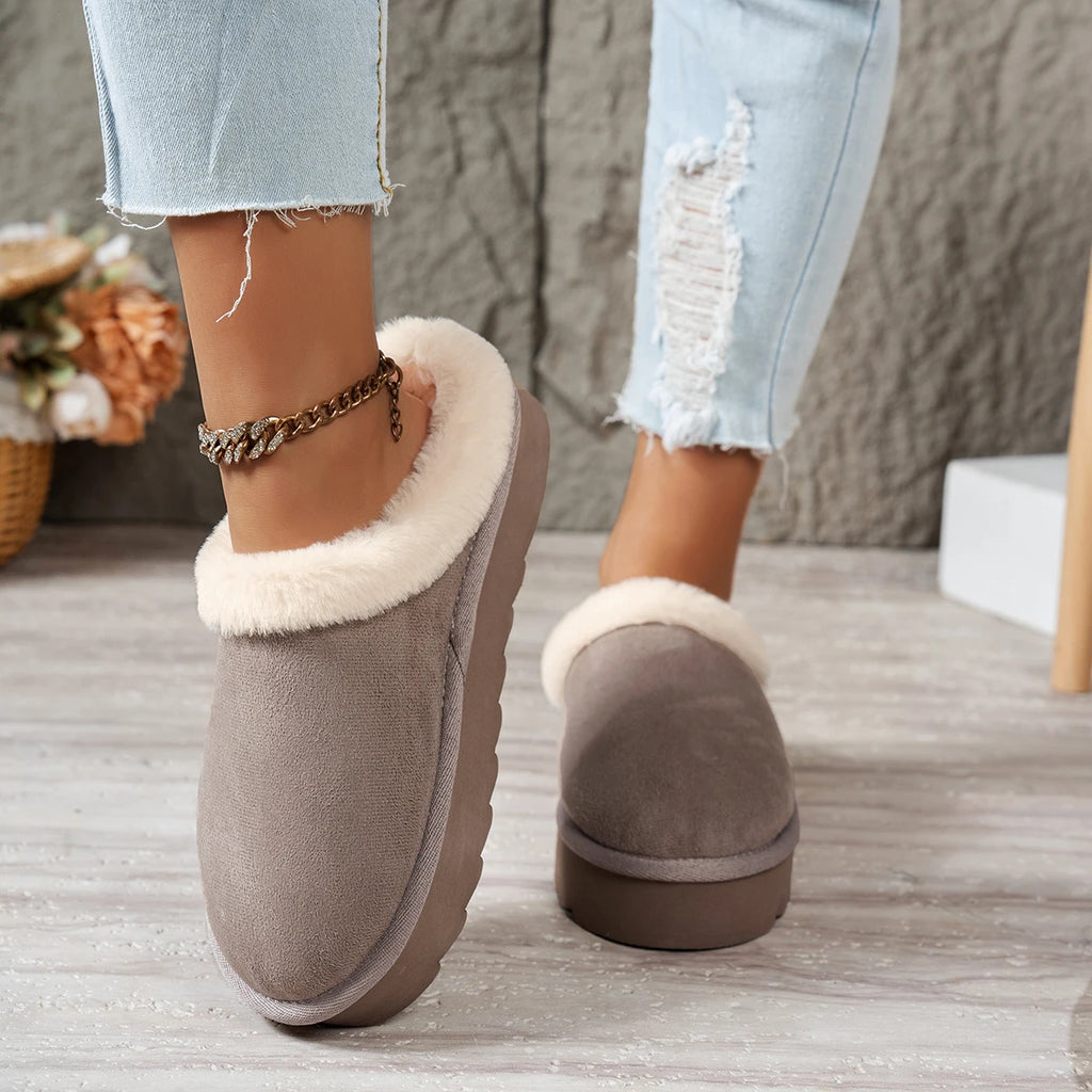 Winter fashion women's fluffy thick-soled casual shoes, thick-soled indoor anti-slip and warm with fur lining