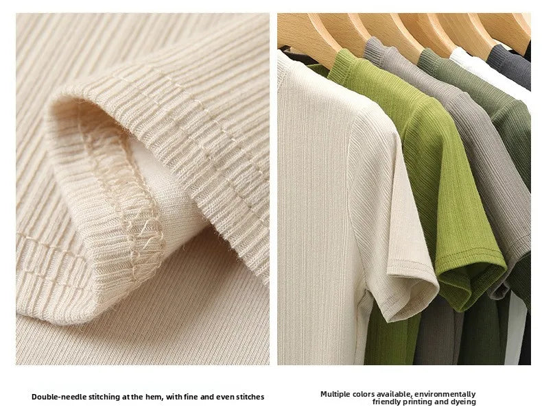 Summer New Women's Crewneck T-shirt Knitted Short-sleeved Top Casual All-match T-shirt Striped Base Shirt Slim-fit Breathable