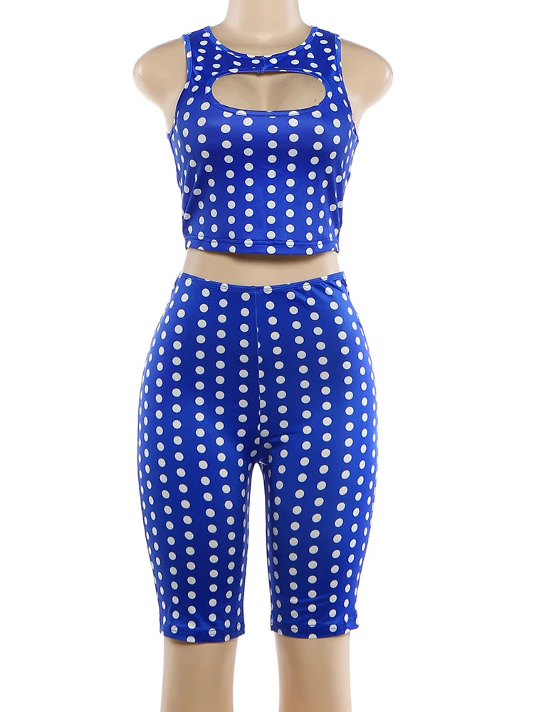Kliou Polka Dot Print 2 Piece Set Woman o-Neck Hollwo Design Crop Tops+Skinny Peach Hip Shorts Hot Girls Sexy Fashion Outfits