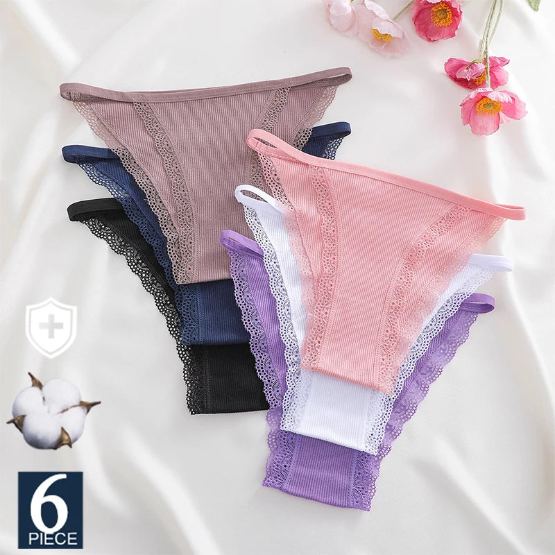 FIENTOO 6PCS Sexy Low-Waist Briefs Lace Cotton Panties for Women Female Soft Underwear Girls Elastic Intimates Sexy Lingerie