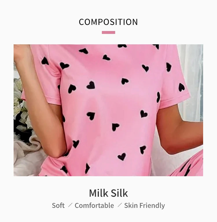 Women Summer Sleepwear Heart Print Pajama Set Short Sleeve Top and Elastic Waistband Pants for Comfortable Sleep and Lounging