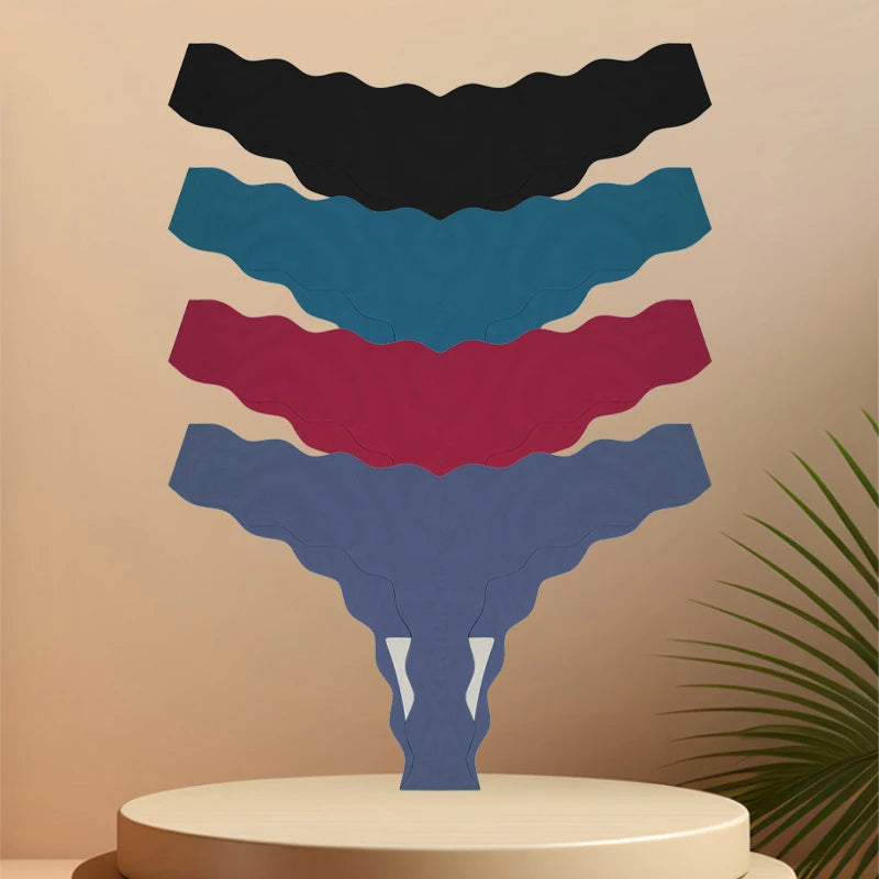 4Pcs Seamless Invisible Thongs Underwear for Women Low Waist Sexy Wave Belt T-Back Breathable Stretchy G-String Panties Lingerie