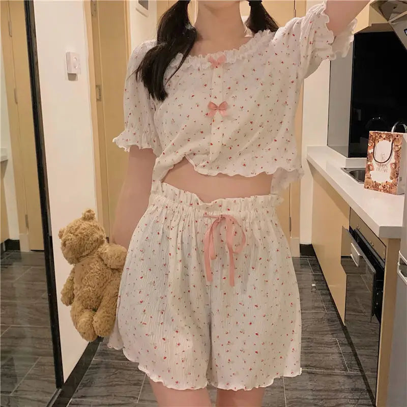 Summer Gilrs Two Pieces Short Sleeve Pajamas Thin Sweet Flower Elastic Waist Homewear Set Loose Soft Adjustable O-Neck With Bow
