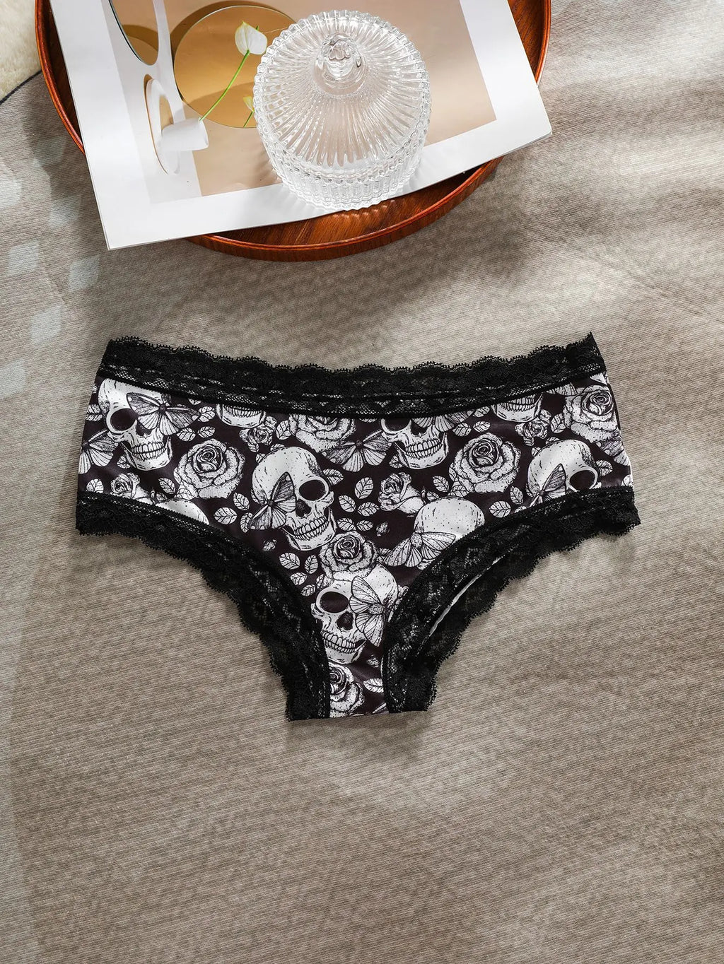 Halloween Skull star printed women's panties, lace patchwork mid-waist, ice silk, seamless and breathable