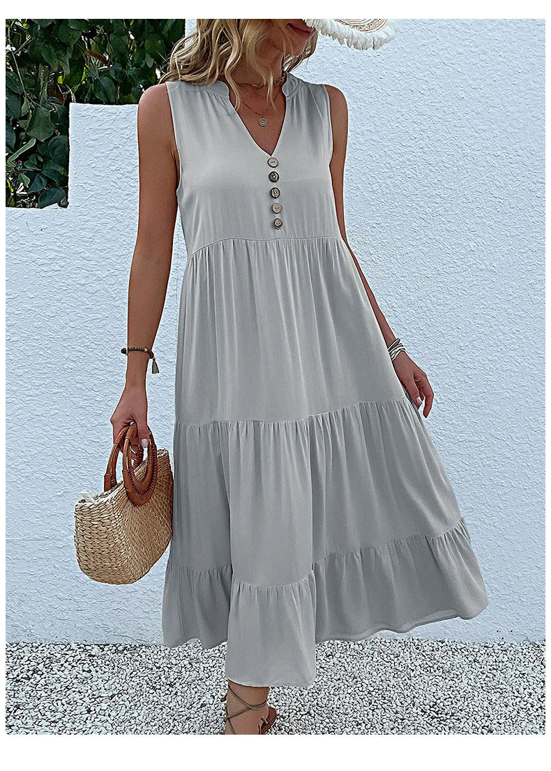 Casual Summer Midi Dress Women Sleeveless Tank V Neck Buttons Ruffle Loose Dresses Beach Soild Sundress Fashion