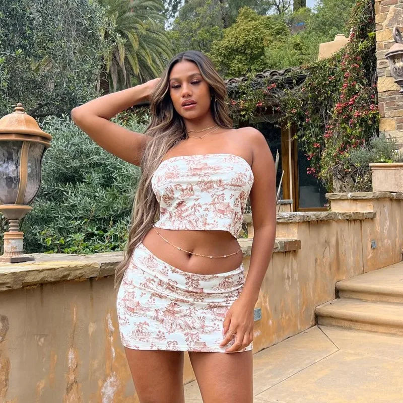 Oshfall Summer Outfits For Women 2-Piece Set Sleeveless Retro Printing Strapless Top+High Waist Slim Mini Skirt Street Clothing