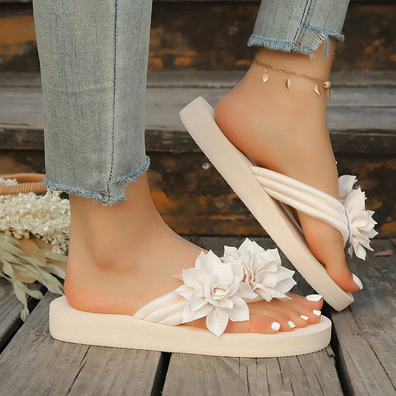Plus Size 45 Flower Decor Flip Flops Women 2026 Summer Clip Toe Platform Slippers Woman Lightweight Eva Sole Outdoor Slides