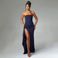 2025 spring new elegant temperament solid color strapless shoulder tight waist high slit little dress dress