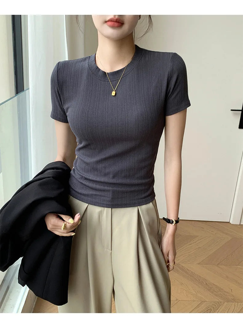 Summer New Women's Crewneck T-shirt Knitted Short-sleeved Top Casual All-match T-shirt Striped Base Shirt Slim-fit Breathable