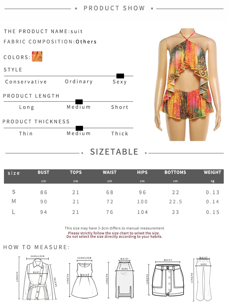 Kliou Colorful Print 2 Piece Set Woman Summer Trend Halter Backless Ruffles Camisole Tops+Elastic Waist Shorts Beach Style Suits