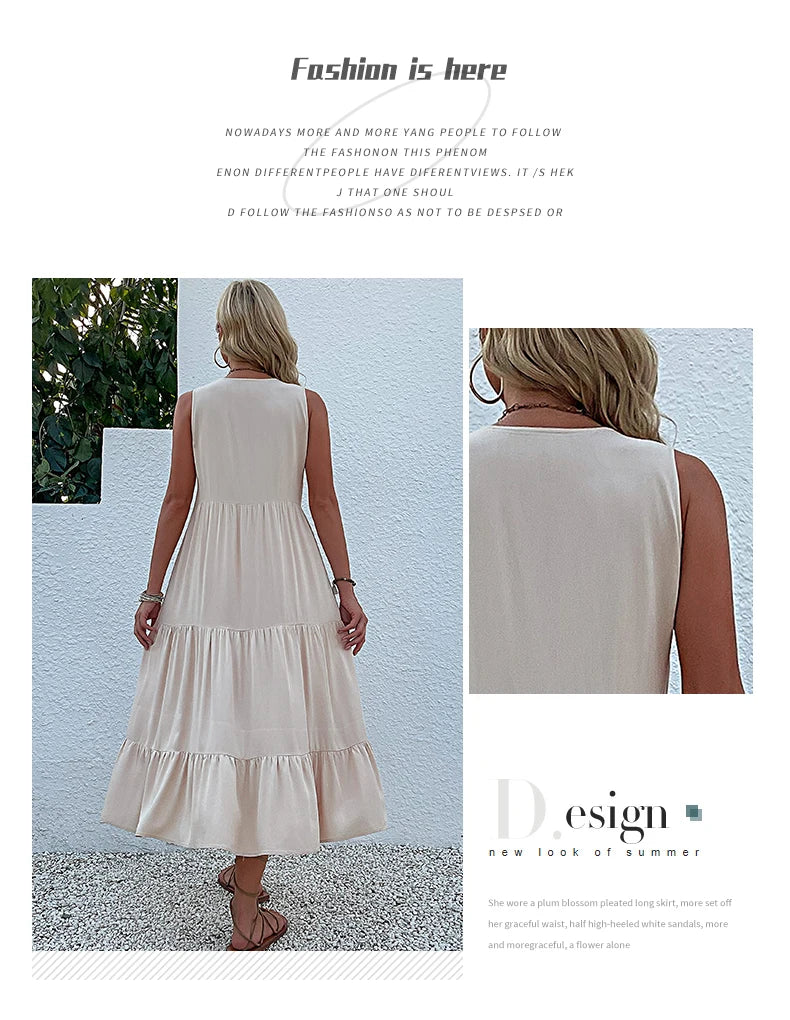 Casual Summer Midi Dress Women Sleeveless Tank V Neck Buttons Ruffle Loose Dresses Beach Soild Sundress Fashion