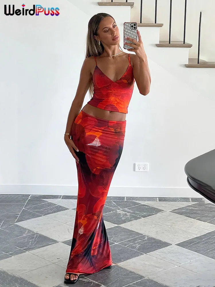 nibber Tie-Dye Print 2 Piece Set Women Summer Y2K Fashion Hipster Elegant V-Neck Camisole+Maxi Skirts Matching Streetwear outfit