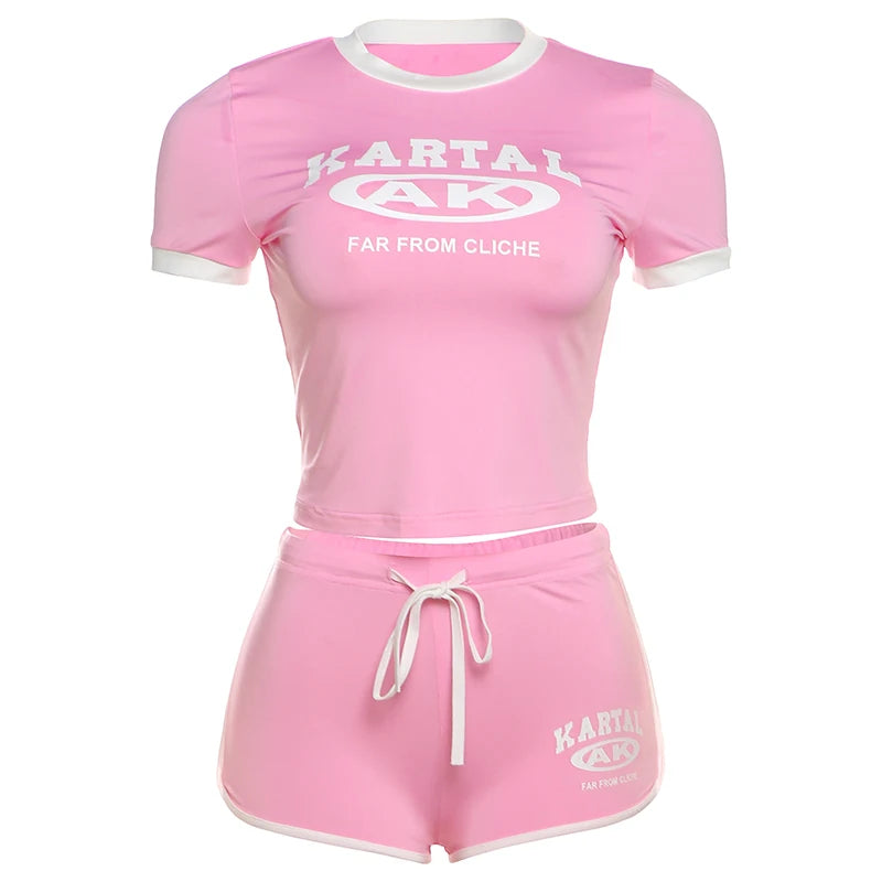 Weird Puss Activity 2piece Set Women Tracksuit Shorts Sleeve Crop Tops+Biker Shorts Letter Print Matching Street Stretch Suits