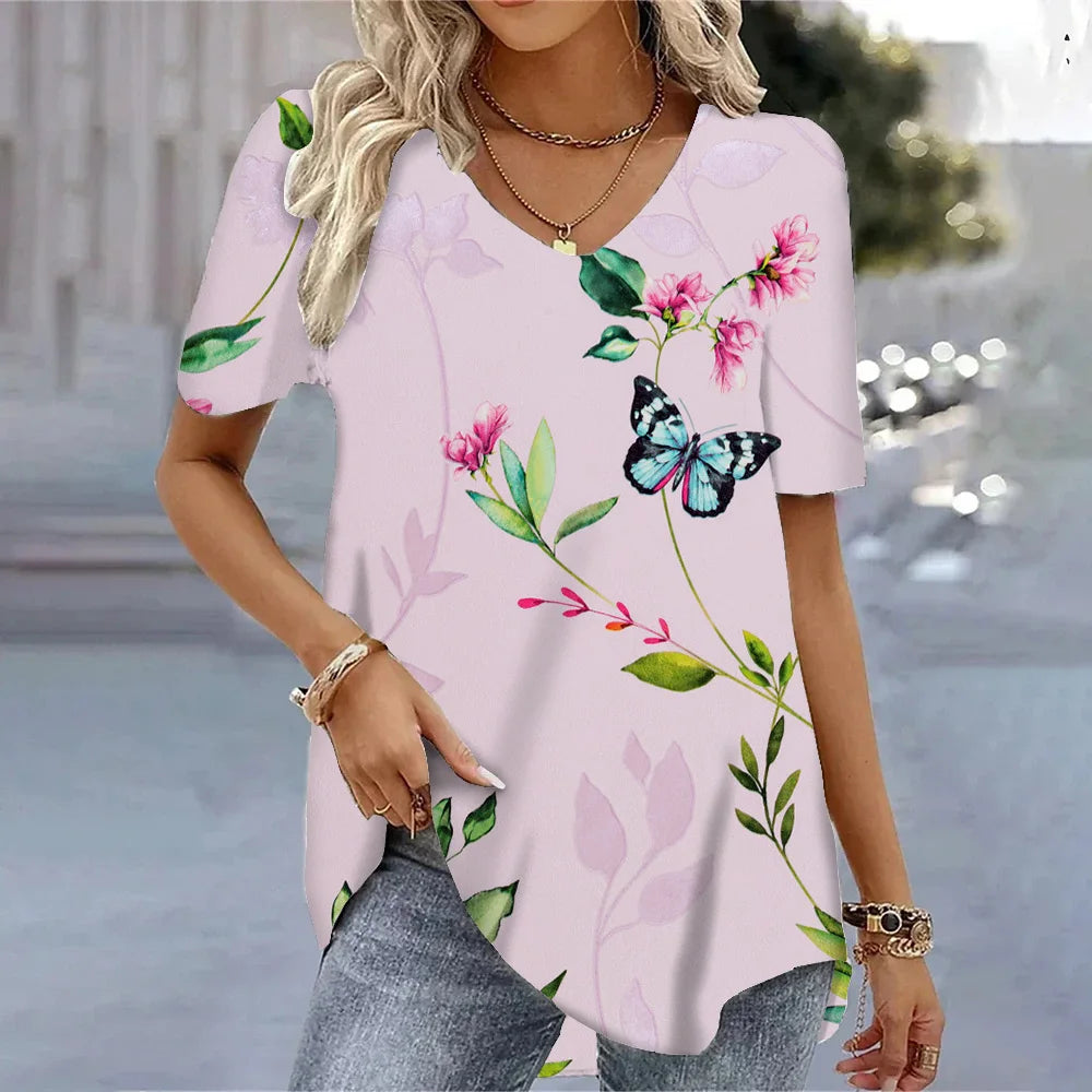 3D Butterfly Printed Short Sleeve T-shirt Korean Style Women's Clothes 2024 V-neck Short Sleeves Tees Shirt Loose Casual Blouses