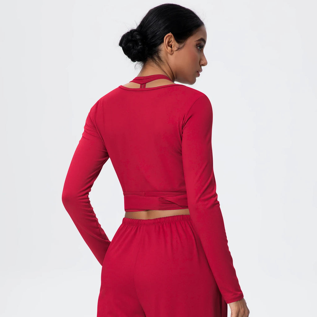 Women Slim Breathable Sports Top Women Active Wear Sports Yoga Long Sleeved Solid Color Running Shirts Straps Design Yoga Top