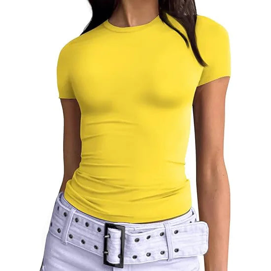 1pcs Women's Sport T-shirt Girl Solid Basic Fitness Running Yoga Tees Lady Short Sleeve Slim Sexy Round Neck Casual Shirts Tops