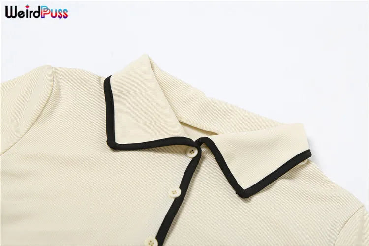 nibber Ribbed Women 2 Piece Set Elegan Polo Neck Button Shorts Crop Tops+Mini Skirts Matching Stretch Elegant Streetwear Outfits