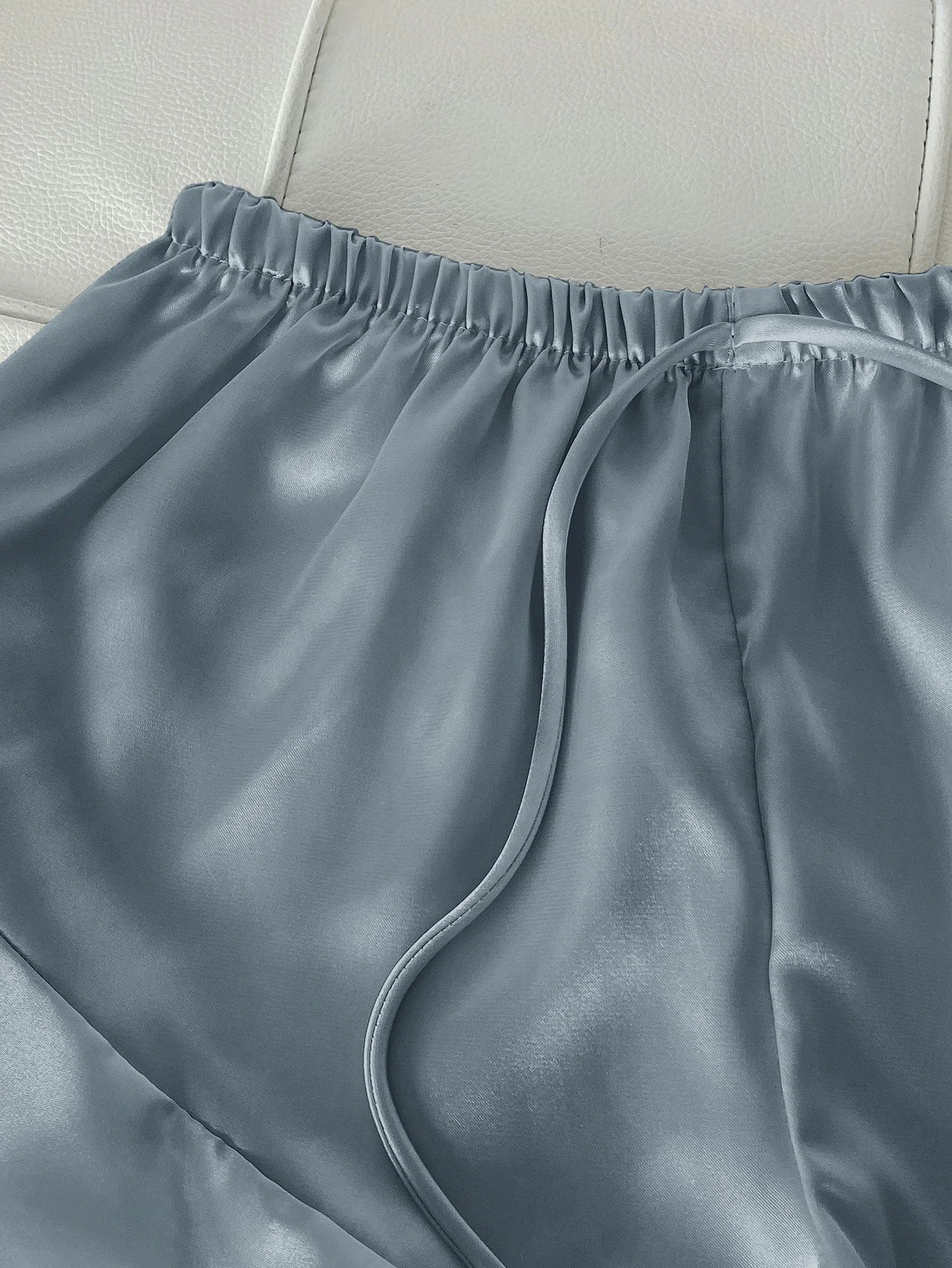 Solid Satin Pajama Set V Neck Cami Top Ruffle Shorts Women's Sleepwear Loungewear