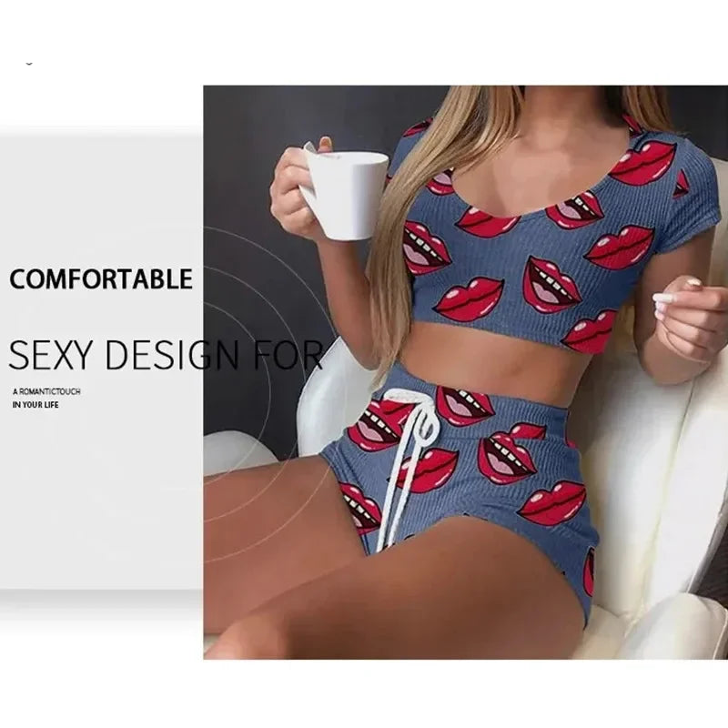 Summer Women's Nightgown Short Sexy Casual Lips Print Female Sleepwear Suit Pajamas Top+Pants Skinng Women Homewear Underwear