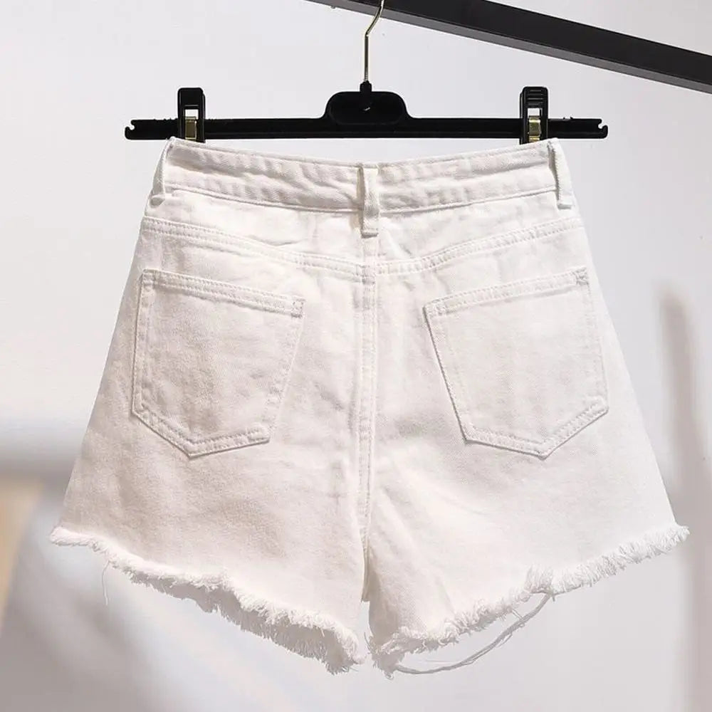 Summer Women's Cowboy Shorts Korean High Waist Casual Denim Shorts Pocket Tassel Perforated Ripped Holes Y2K Girls White Jeans