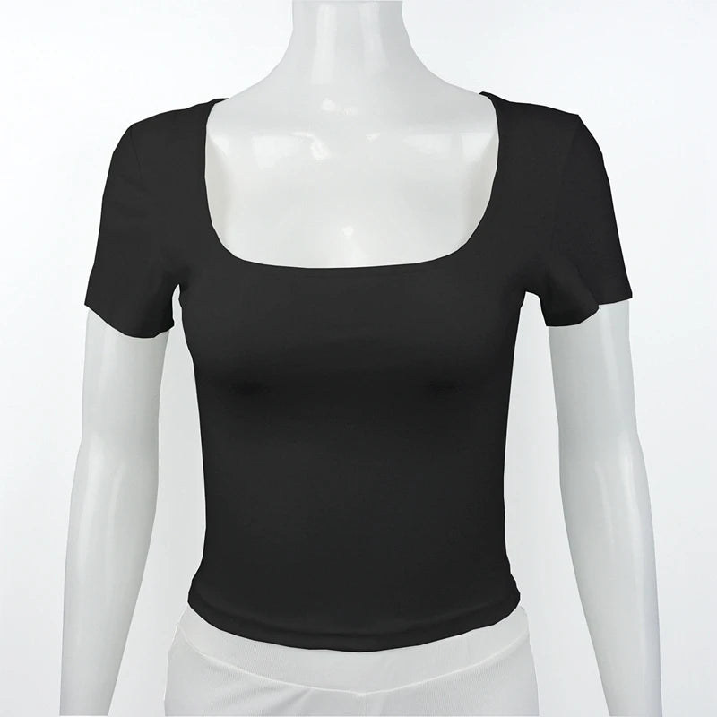 Short Sleeve T-shirt for Women Summer 2026 Solid Color Elastic Square-cut Collar slim fit Tops Sexy Y2k Street Wear Tee Fashion