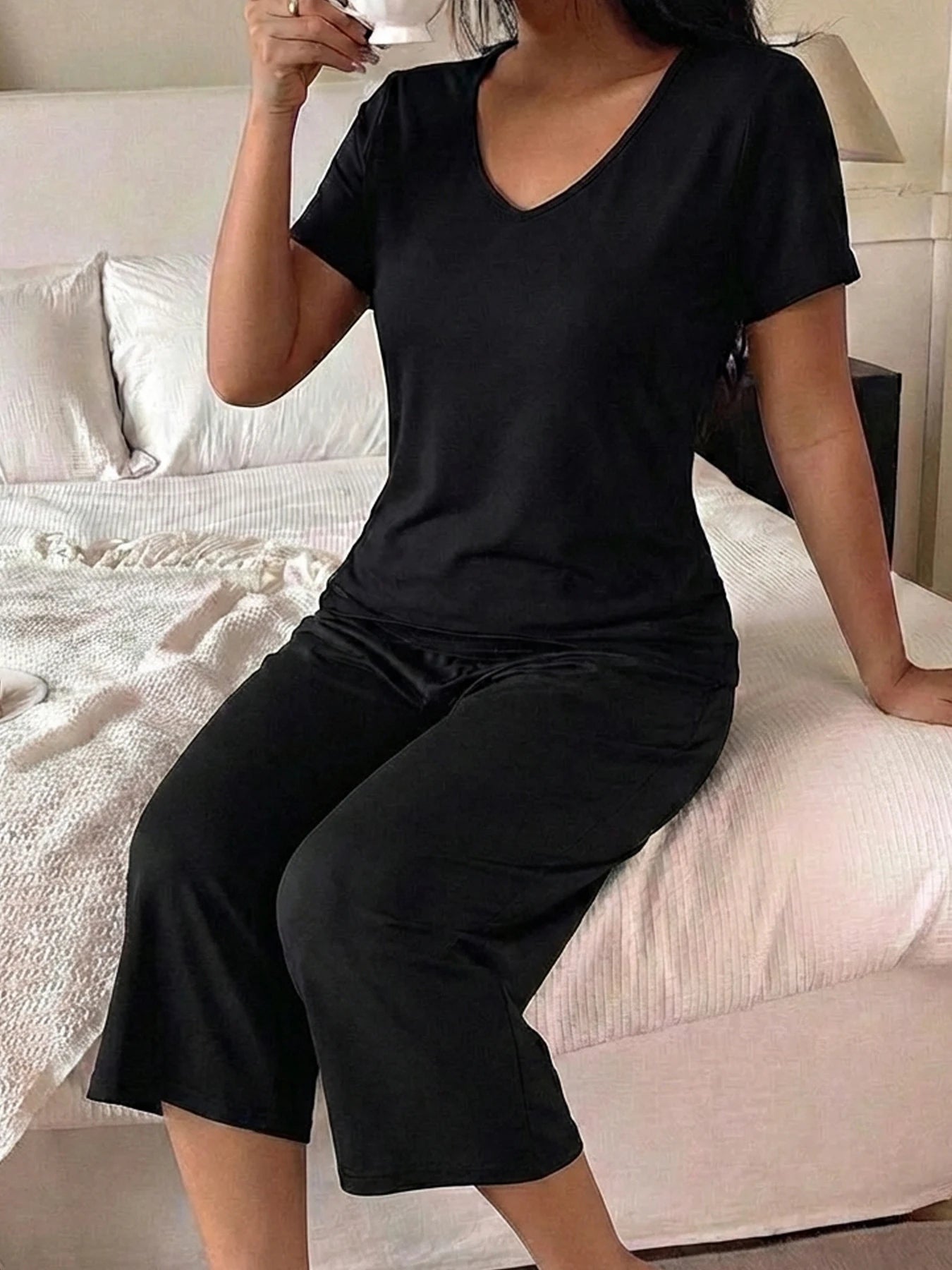 Womens Super Soft Pajama Sets Short Sleeve Top With Capri Pants Sleepwear 2 Piece Lounge Set