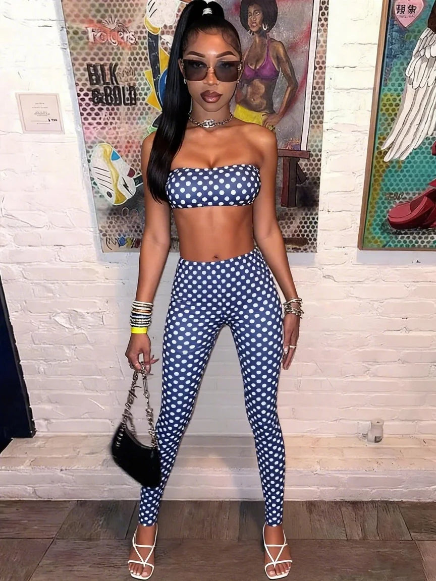 Sisterlinda Women Backless Tracksuit Dot Print Sexy 2 Piece Set Halter Tank Tops+Leggings Matching Streetwear Stretch Outfits