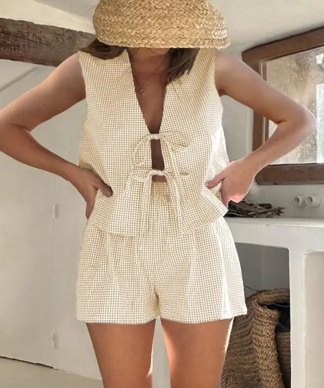 Women 2-Piece Shorts Pajamas Set Vintage Plaid Print Lacing V-Neck Sleeveless Tank Tops Elastic Waistband Shorts Loungewear Sets