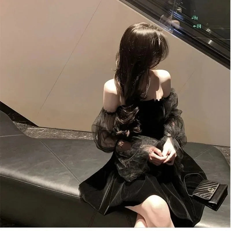 New 2025 Black Retro Dress Women Lace Chiffon Mini Dress Female High Street Sexy Korean Fashion Women Club Dress