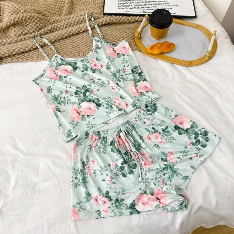 Summer Printed Cami Sleeveless Top and Shorts Pajama Sets For Women Sexy Leisure Adjustable Belt Loungewear Female Soft Pajama