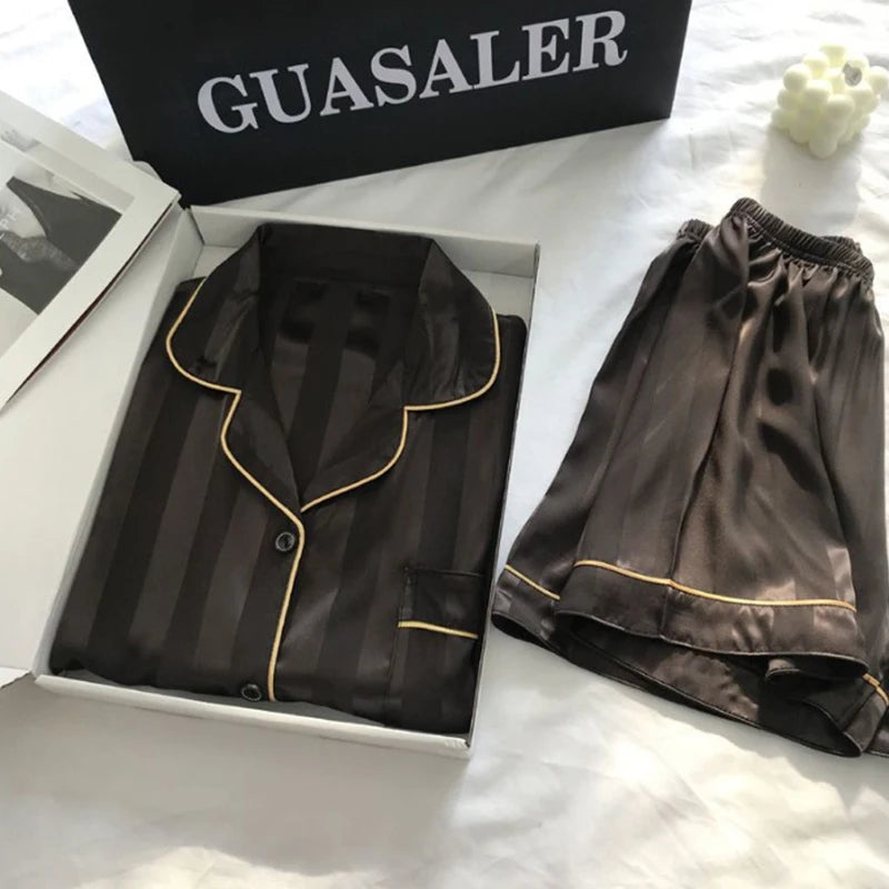 1 Set Women's Elegant Lounge Set Plus Size Satin Striped Button Up Short  Sleeve Shirt & Pants Pajamas