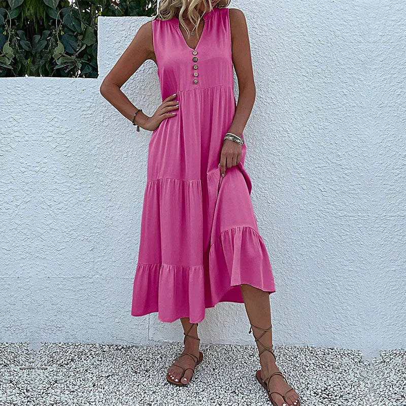 Casual Summer Midi Dress Women Sleeveless Tank V Neck Buttons Ruffle Loose Dresses Beach Soild Sundress Fashion