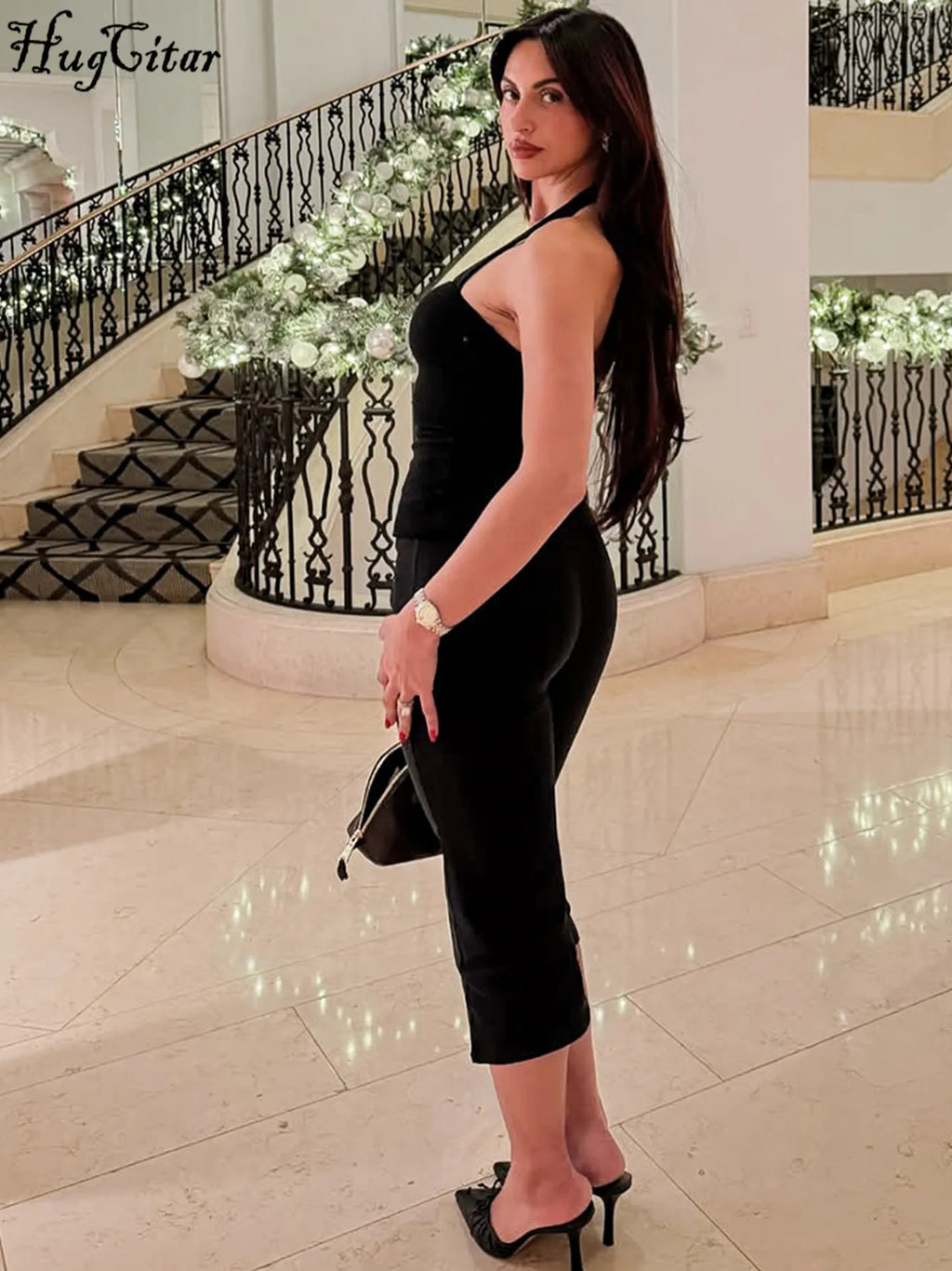 Hugcitar Women Fashion 2 Pcs Sets Halter Black Backless Sexy Crop Tank Top Knee Length Pants Fall Outfits Party Festival