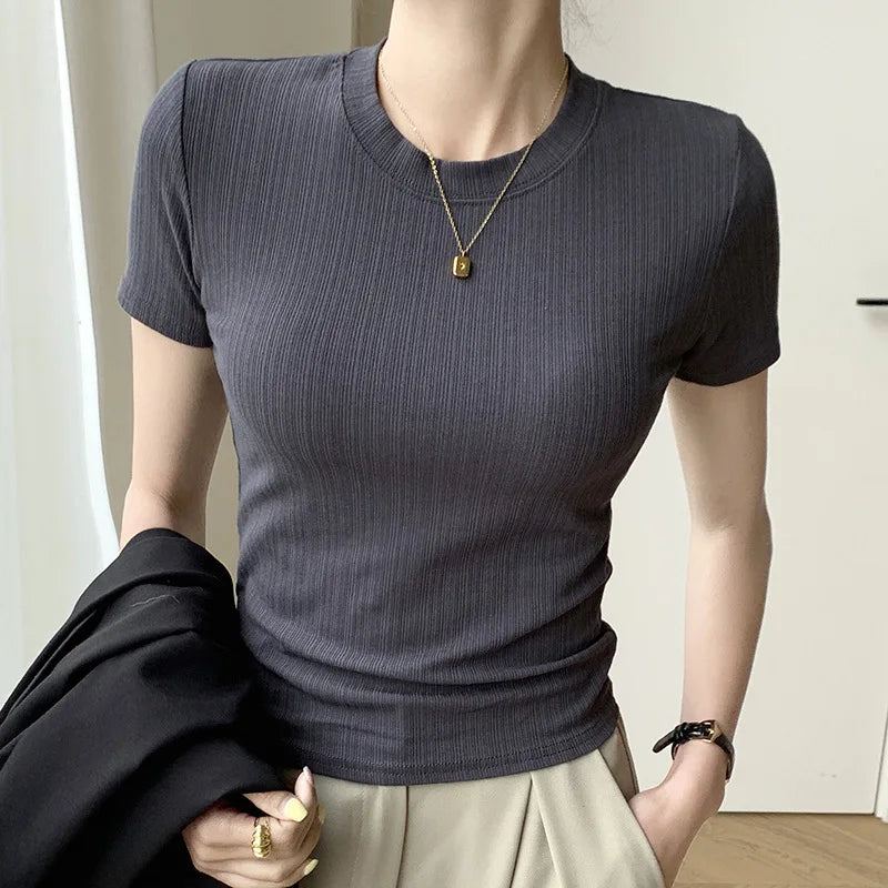 Summer New Women's Crewneck T-shirt Knitted Short-sleeved Top Casual All-match T-shirt Striped Base Shirt Slim-fit Breathable