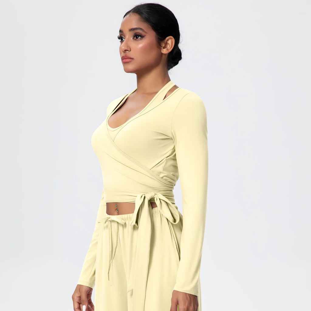 Women Slim Breathable Sports Top Women Active Wear Sports Yoga Long Sleeved Solid Color Running Shirts Straps Design Yoga Top