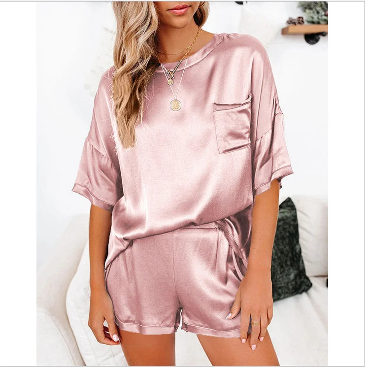 2024 European and American Spring New Solid Color Silk Like Pajamas Home Furnishing Short Sleeve Shorts Irregular Two Piece Set