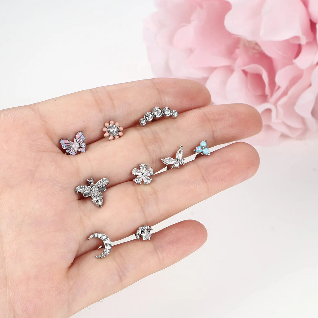 Drperfect 1pc Cartilage Earrings Stud for Women Surgical Steel Flat Back Earring Butterfly Flower Tragus Helix Piercing Jewelry