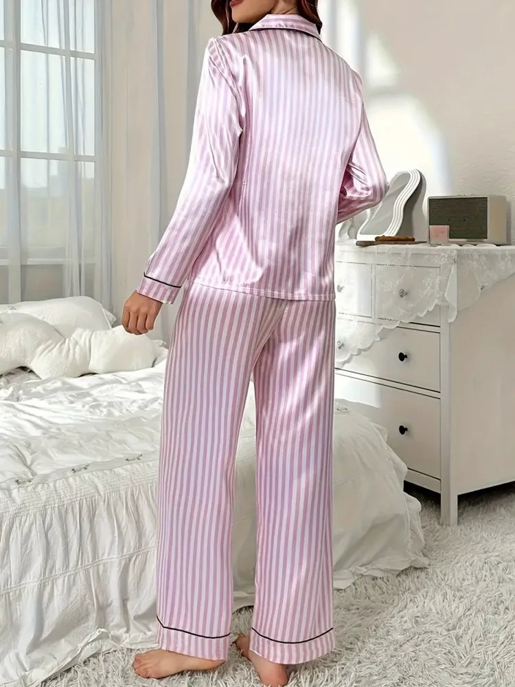 Autumn Winter Striped Pajamas Set for Women Sleepwear Long Sleeve Button Top and Long Pants Set Homewear Loungewear