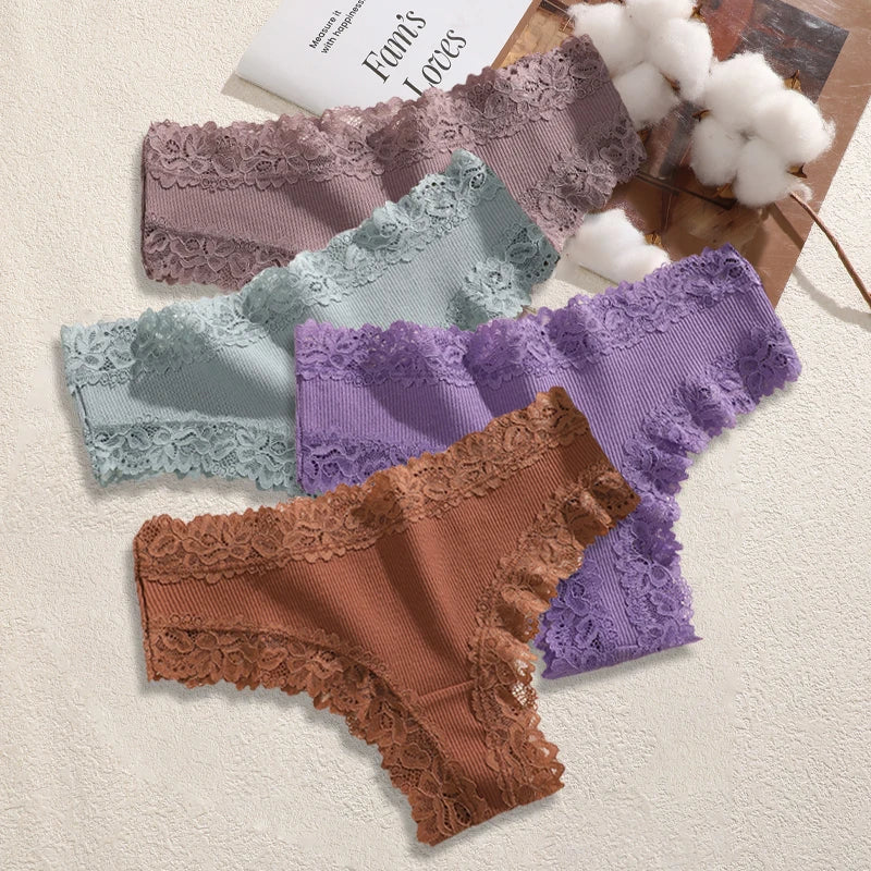 4PCS/Set Cotton Floral Lace Underpants for Women Sexy Striped Low-Waist Panties Girls Comfortable Briefs Trendy T-back Lingerie
