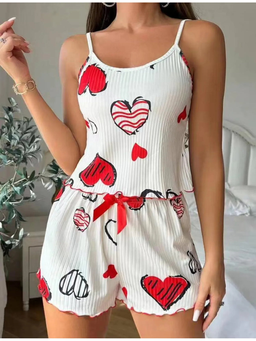 Women Heart Print Pajama Set Ribbed Cami Top and Shorts Sleepwear Lightweight Breathable Loungewear Homewear 2PCS