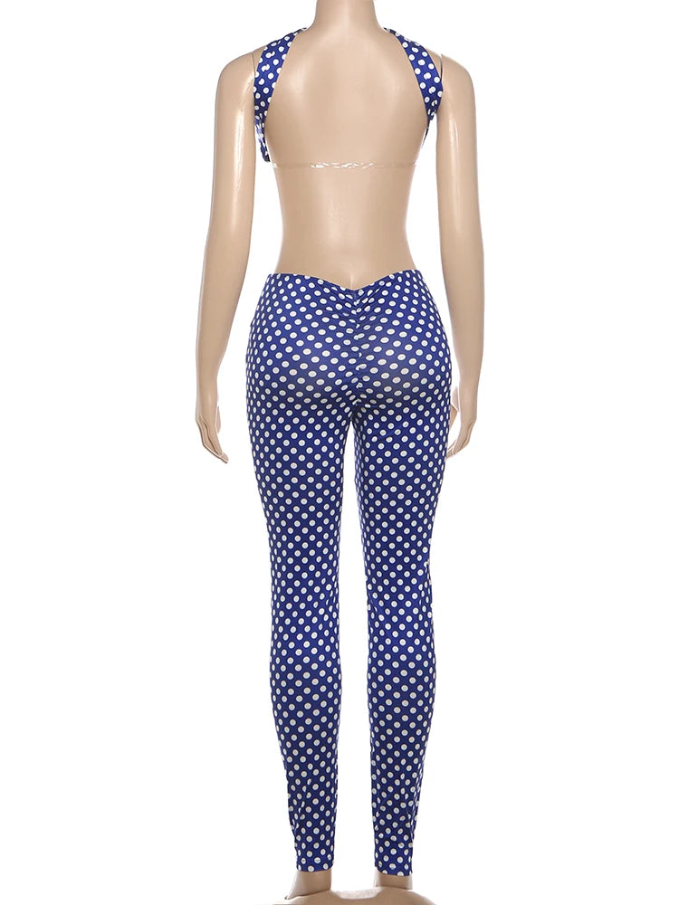 Sisterlinda Women Backless Tracksuit Dot Print Sexy 2 Piece Set Halter Tank Tops+Leggings Matching Streetwear Stretch Outfits