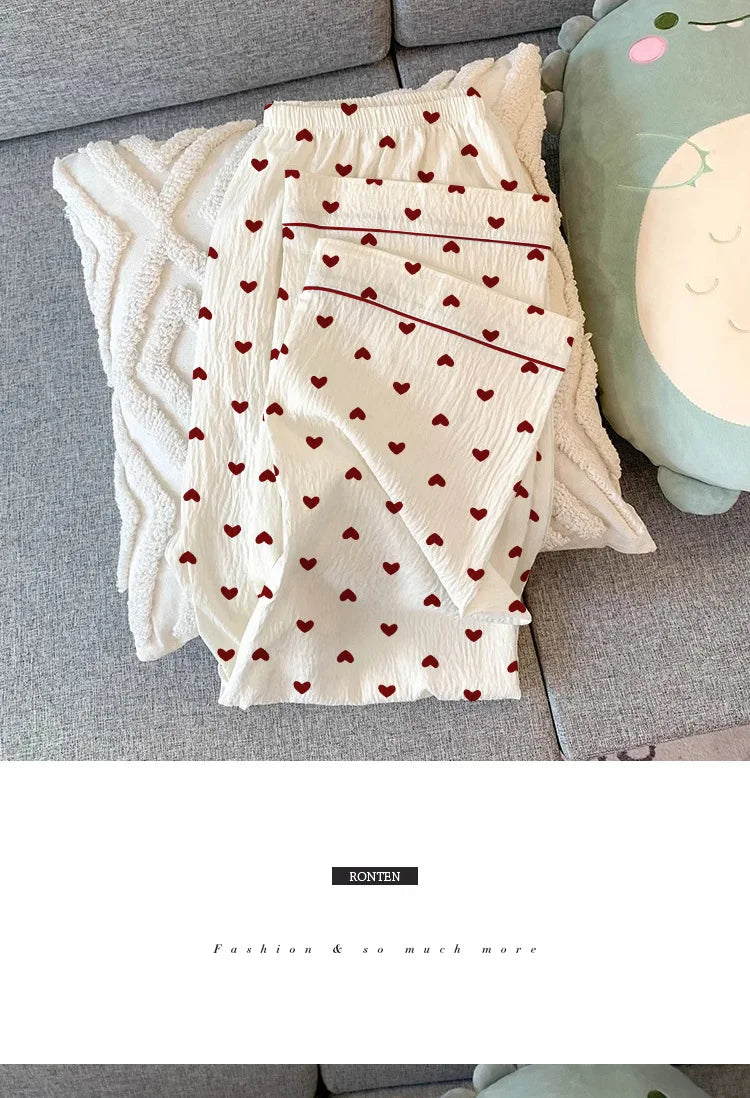 Spring and Autumn New Women's Pajamas Loungewear Set Girl Love Cardigan Pajamas Crinkled Fabric Loungewear Long Sleeve Set