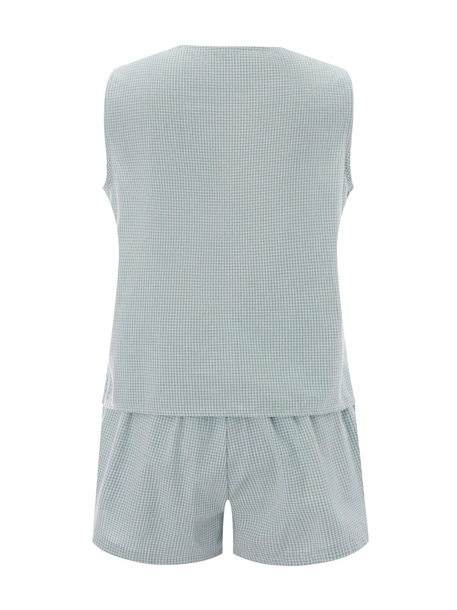 Women 2-Piece Shorts Pajamas Set Vintage Plaid Print Lacing V-Neck Sleeveless Tank Tops Elastic Waistband Shorts Loungewear Sets