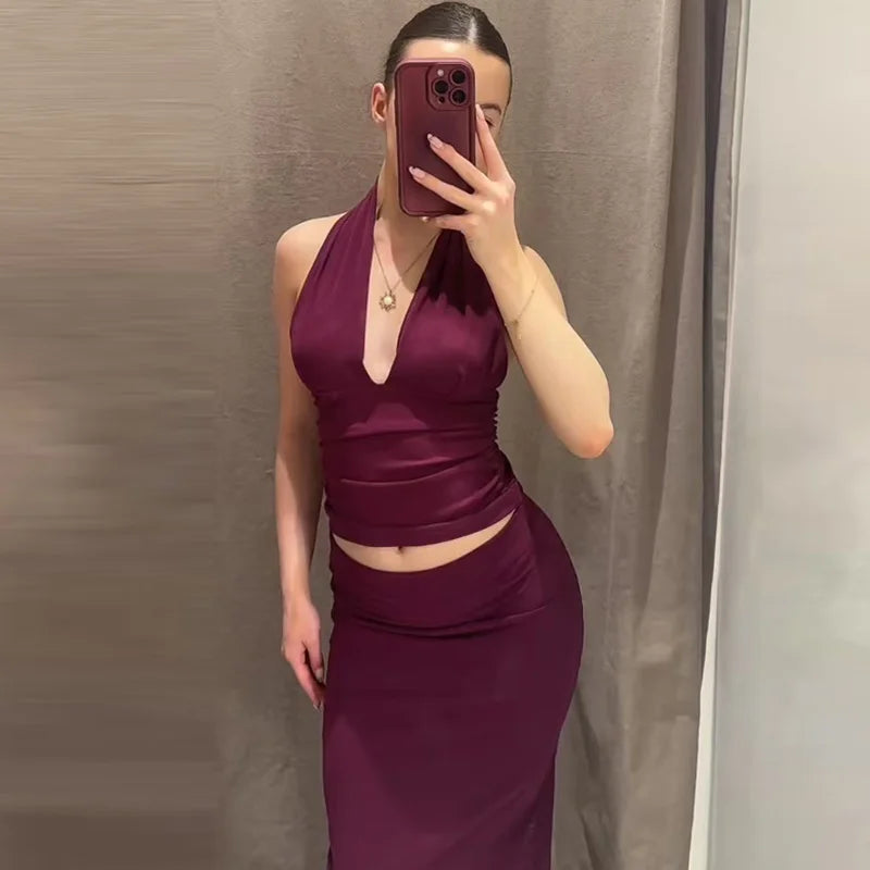 HXAO 2025 Women's Two Pieces Set Purple Black Skirt Set Ruffled Halter Neck Crop Top 2 Piece Woman Midi High Waist Slit Suit 066