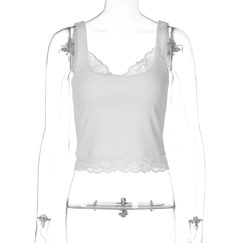Hugcitar 2026 Fashion Square Neck Patchwork Lace Straps Sexy Crop Tank Top Spring Summer Women Clothes Holiday Streetwear Club
